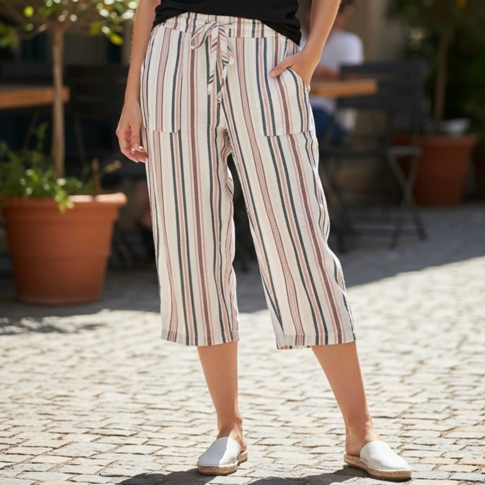 Liz Clairborne Linen Cotton Blend Striped Cropped Pants Island Resort Wear Large